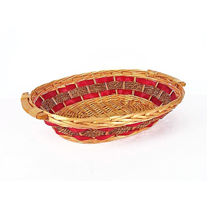 Cesta ovalada de mimbre claro con decoración roja de 50x41x15 cm h.