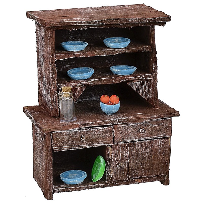 Sideboard in antiqued wood with colored porcelain cm