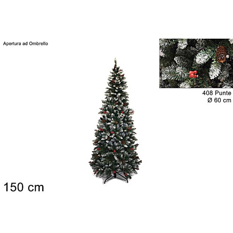 Albero innevato con pigne e bacche h 150 cm a 408 punte Mondo