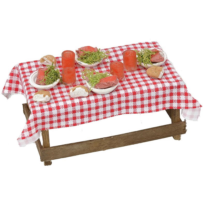 Wooden table with tablecloth and dishes cm 13x6,5x5 h