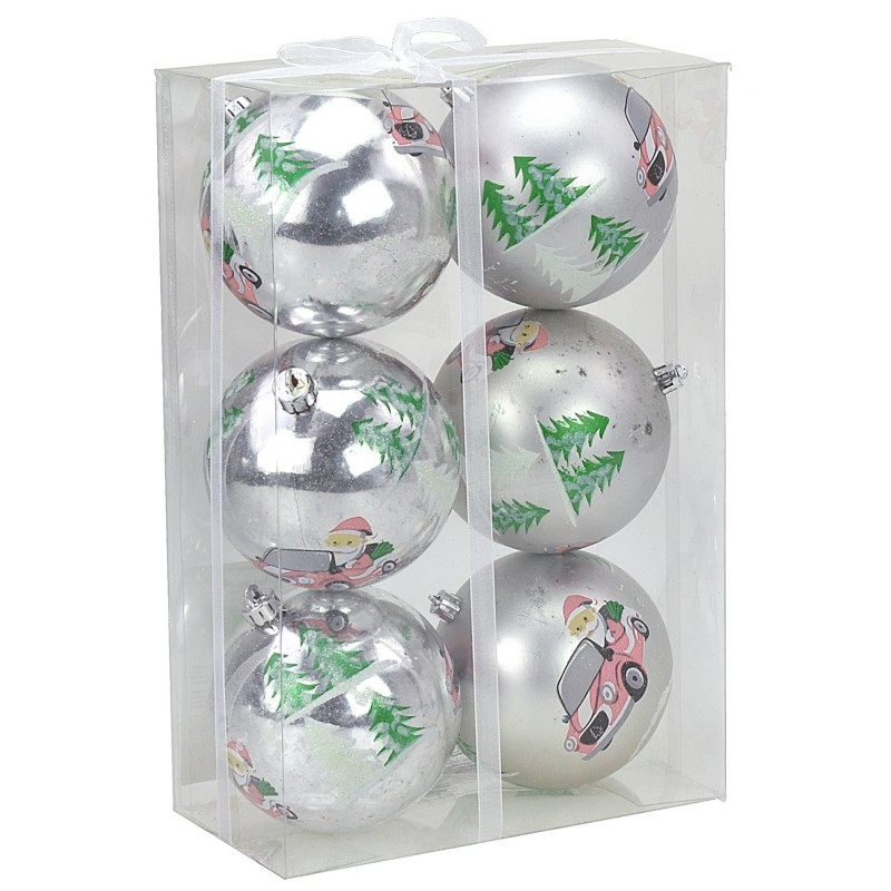 Set 6 palline argento con Babbo ø 8 cm per albero di Natale