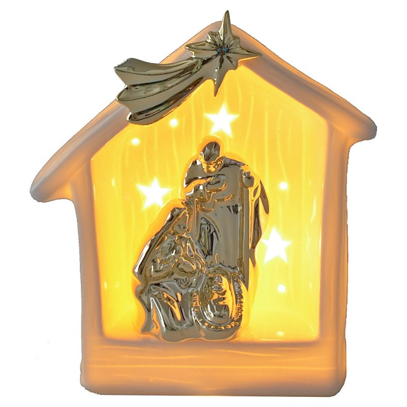 Natividad y cabaña de porcelana con luz de 15,5x9,2x17,2 cm (alto)