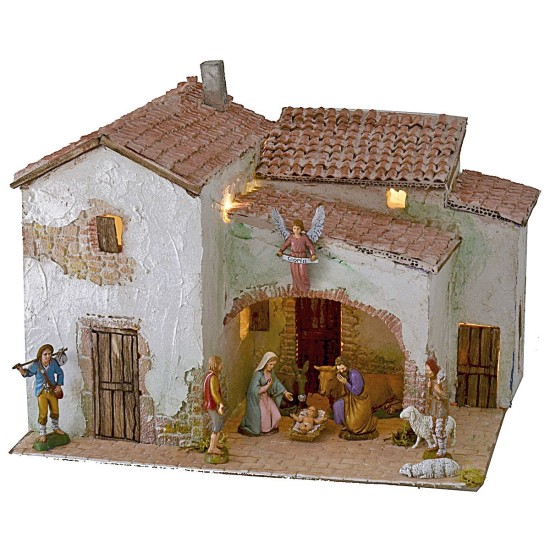 Borgo stuccato illuminato completo di statuine cm 40x30x31 h