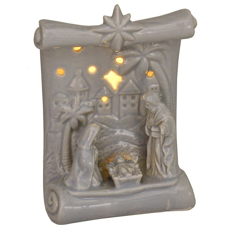 Natividad y pergamino de porcelana con luz de 10x6,5x14 cm h.