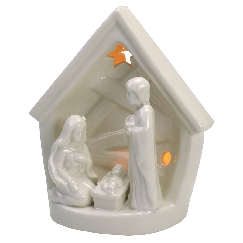 Natividad y establo de porcelana con luz de 14x9,2x16 cm h Mondo.