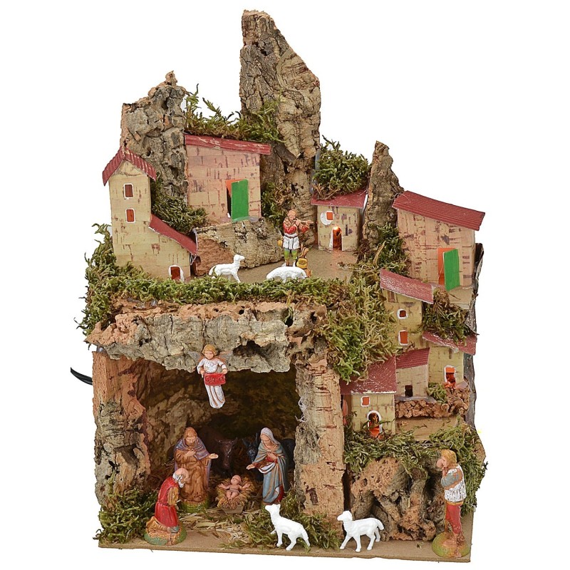 Illuminated crib with grotto complete with Landi Nativity