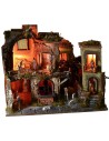 Presepe completo di statue con borgo illuminato, forno e