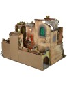 Nativity scene complete with statues with illuminated village, oven and