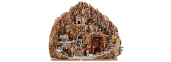 Presepe completo di statue Landi cm 80x45x66 h. con mulino, cascata, fuoco  e luci funzionanti