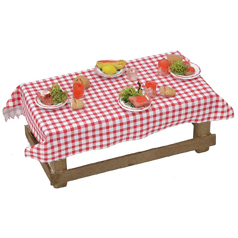 Wooden table with tablecloth and dishes cm 16.5x7x6.5 h