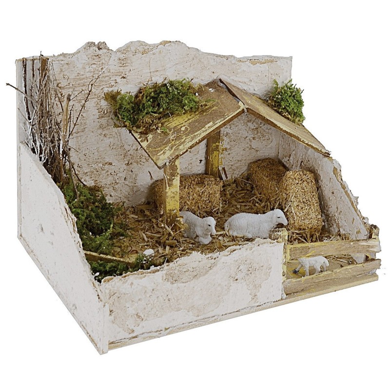 Sheepfold for nativity scene complete with sheep 20x14x13.5 cm h