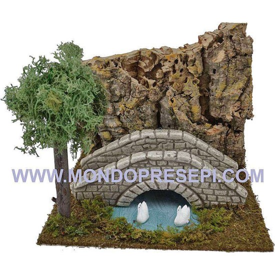 Puente de piedras con estanque de 19x18x15 cm de altura. Mondo Presepi.