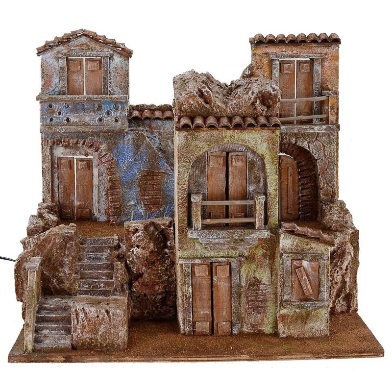 Borgo iluminado con casas de 50x35x42 cm de altura para estatuas de 10 cm.