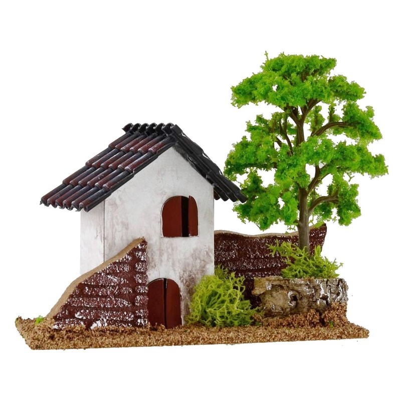 Casita para belén con árbol de 15x8x9 cm Mundo