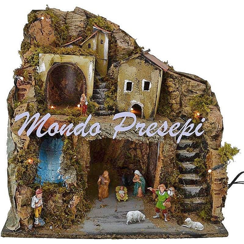 Presepe con statue Landi e ruscello luci cm 42x35x38 h. Mondo