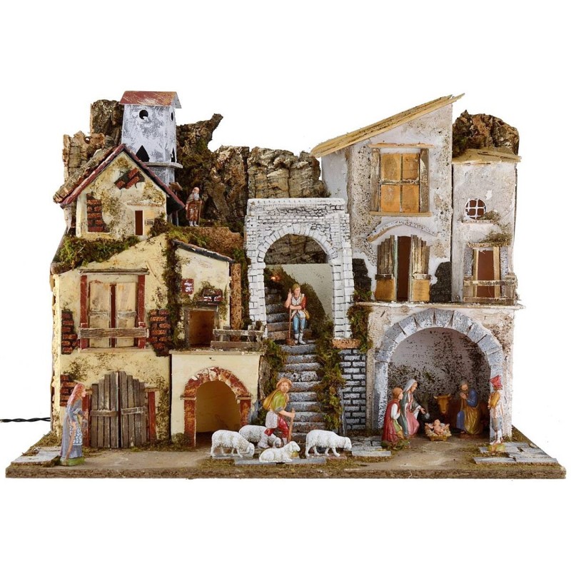 Illuminated nativity scene complete with Landi statues with