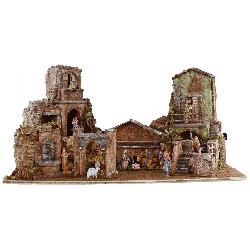 Presepe illuminato completo di statue Landi con case e fontana