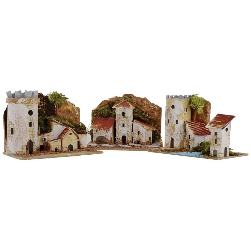 Conjunto de casitas de 3 piezas para belén de 15,5x10x12,5 cm de altura.