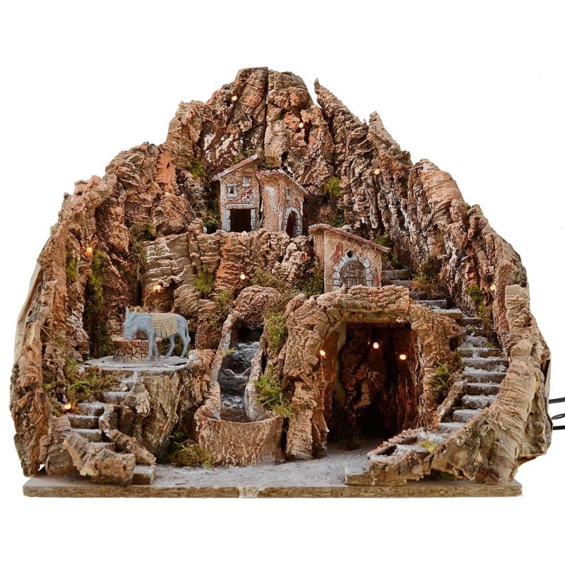 Presepe cm 52x55x48 h con cascata, asino con macina e luci