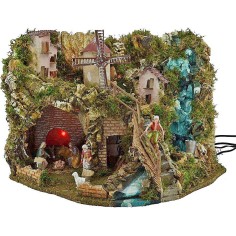 Presepe completo con statue, cascata, mulino