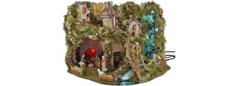 Presepe completo con statue, cascata, mulino