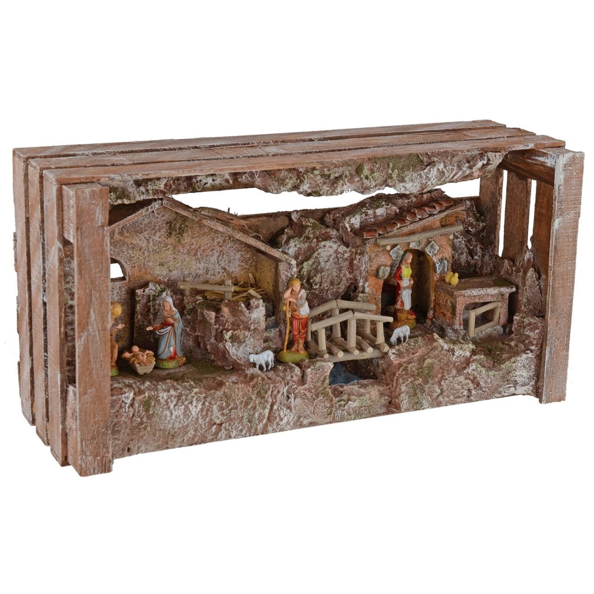 Presepe completo di statue Landi cm 80x45x66 h. con mulino, cascata, fuoco  e luci funzionanti