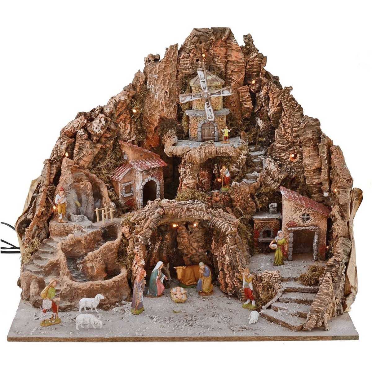 Presepe completo di statue Landi cm 80x45x66 h. con mulino, cascata, fuoco  e luci funzionanti