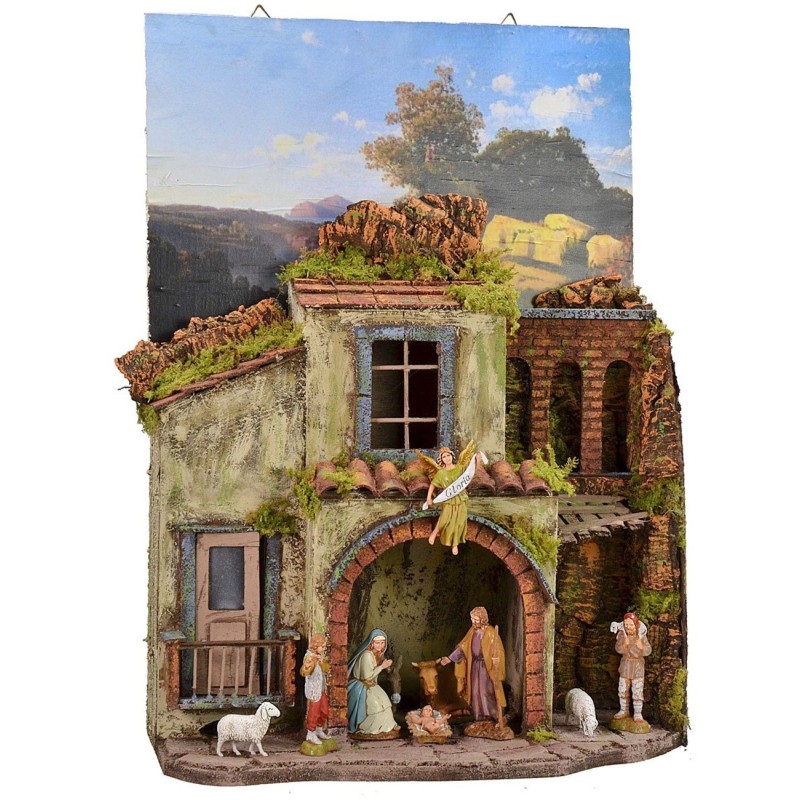 Belén con cuadro para colgar completo de estatuas Landi de 39,5x19x55 cm h | Mondo Presepi