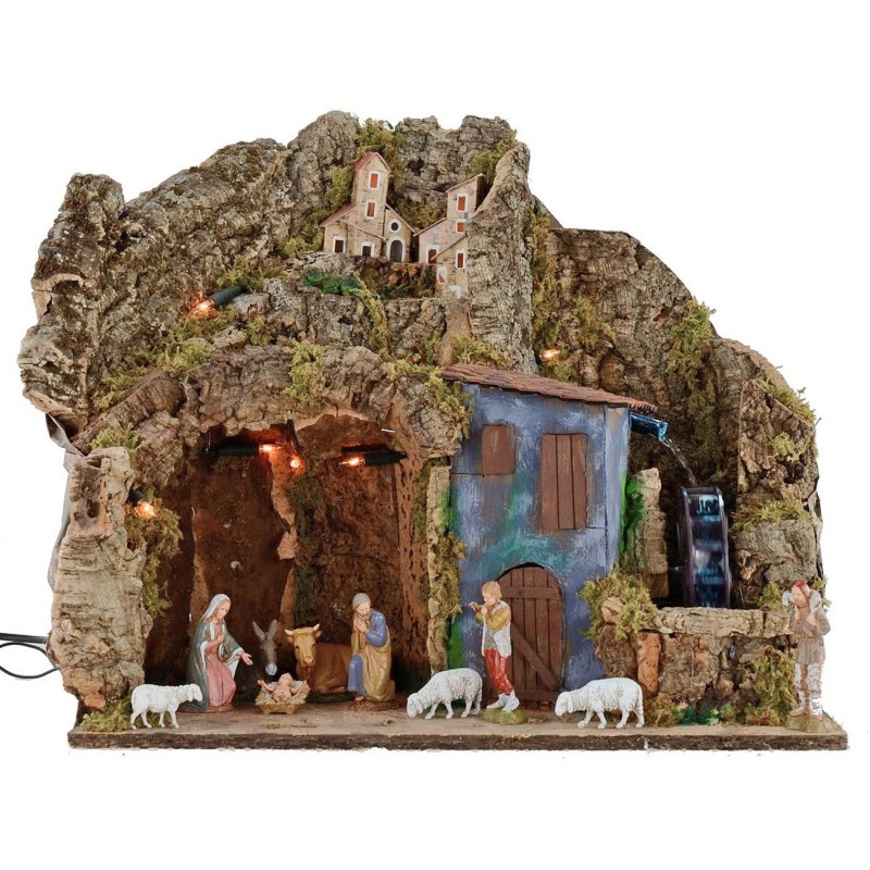 Illuminated nativity scene complete with Landi statues with