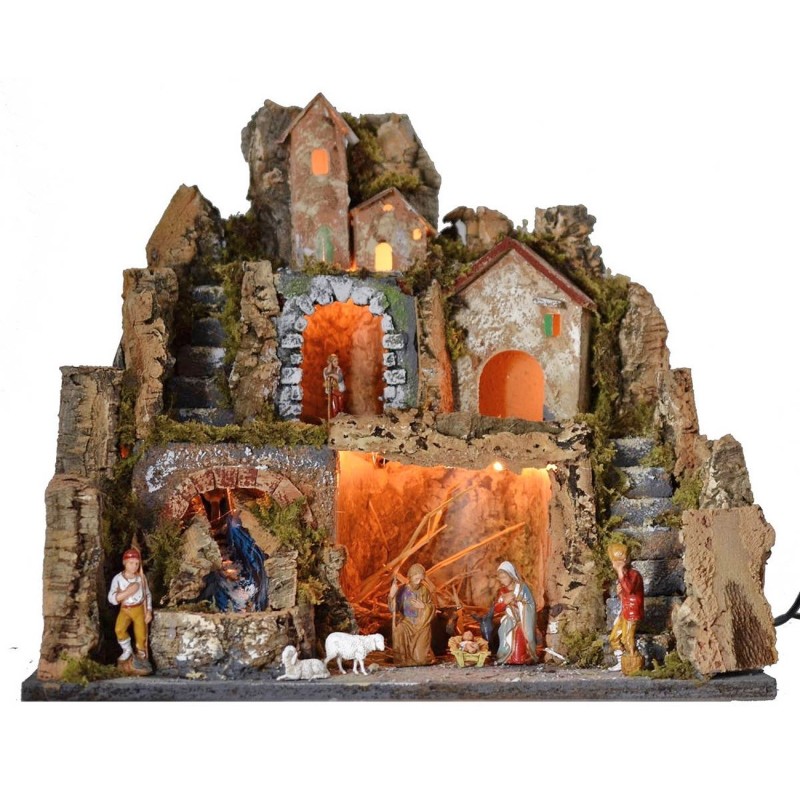 Illuminated nativity scene complete with Landi statues with