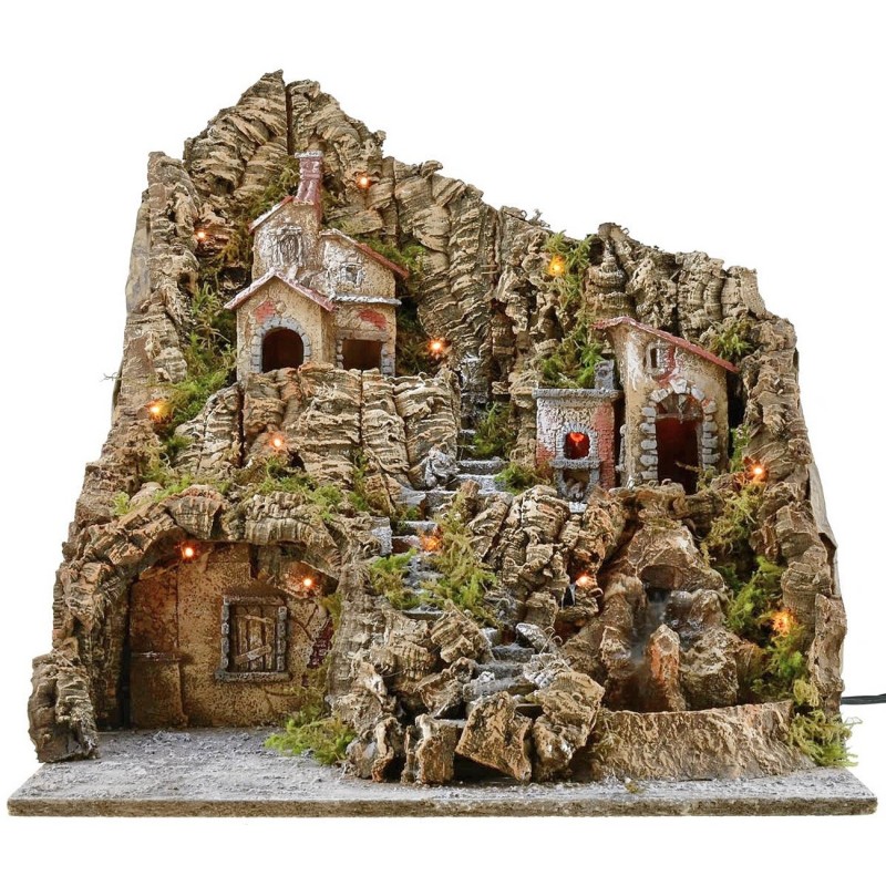 Illuminated nativity scene with functioning oven and waterfall