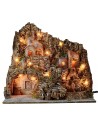 Illuminated nativity scene with functioning oven and waterfall