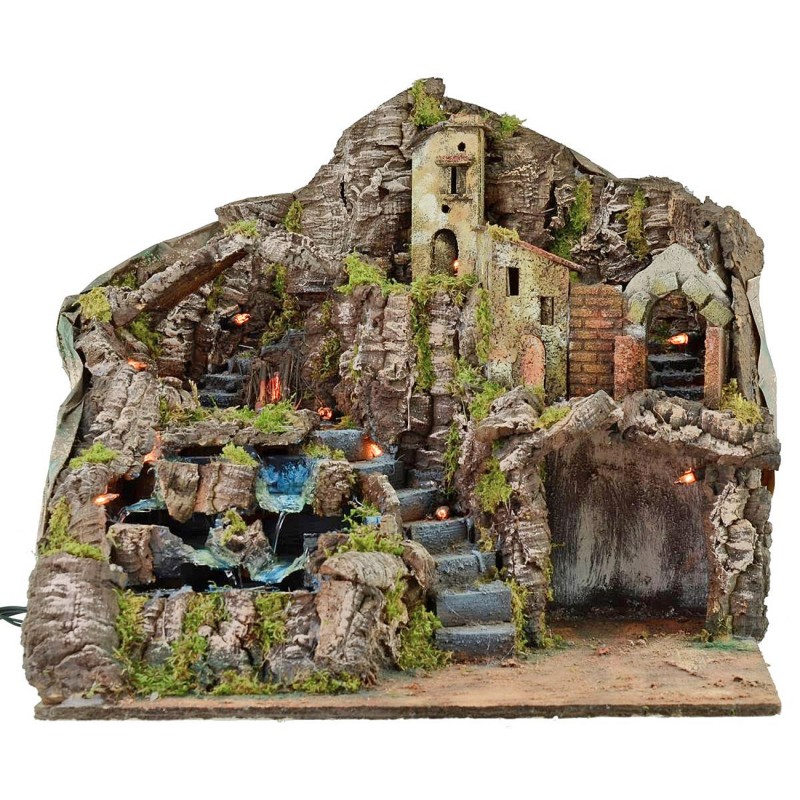 Illuminated nativity scene with working fire and waterfall cm