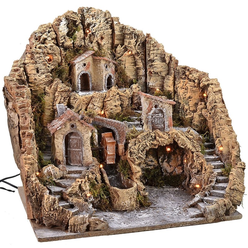 Illuminated nativity scene with water mill cm 53x45x49 h