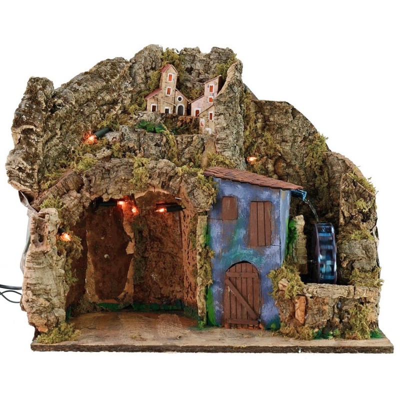 Presepe illuminato con mulino ad acqua funzionante cm 45x30x41