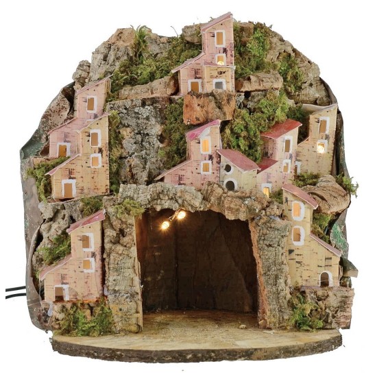 Presepe illuminato con villaggio e grotta cm 20x20x24 h Mondo