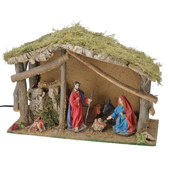 Cabaña con natividad de 15 cm + Fuego + Luz - Cod. CPNF5021 Mundo