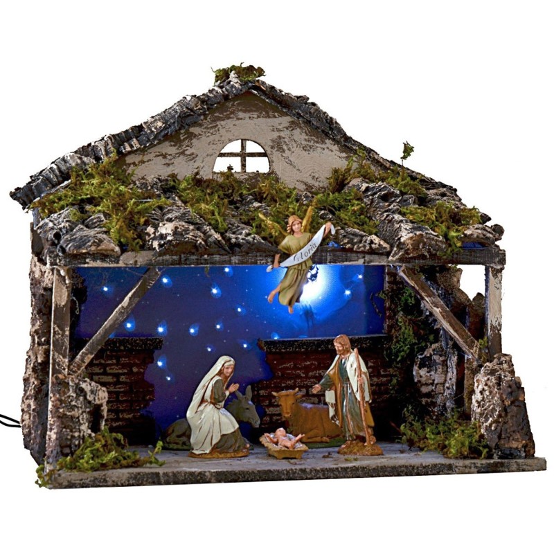 Cabaña iluminada con cielo estrellado parpadeante de 37x25,5x35,5 cm de altura completa con Natividad Landi de 10 cm