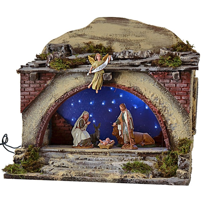 Cabaña iluminada con escaleras y cielo estrellado parpadeante de 34,5x25,5x35,5 cm de altura, completa con Natividad.