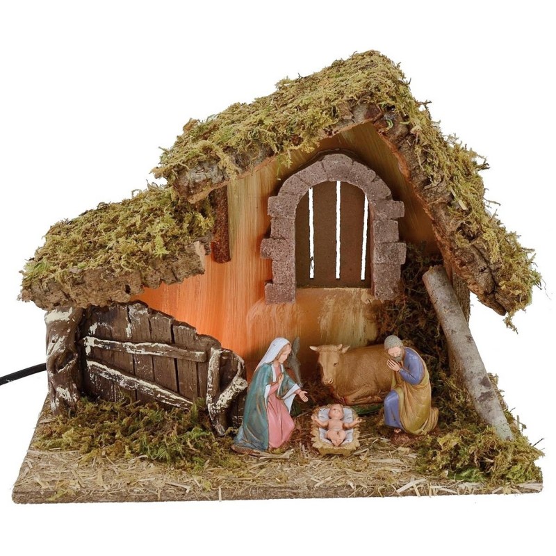 Capanna per presepe illuminata con Natività Landi cm 32x18x24 h