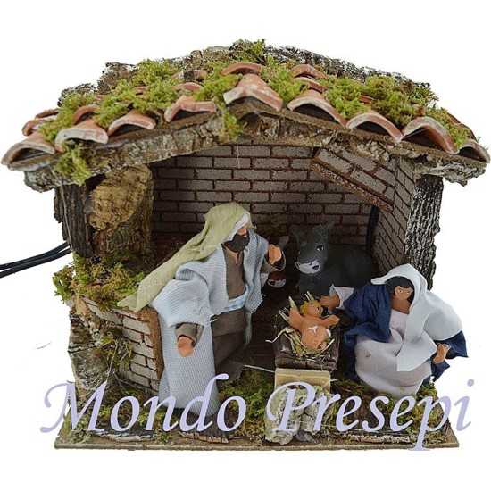 Capanna presepe con natività in movimento cm 12 e luce Mondo