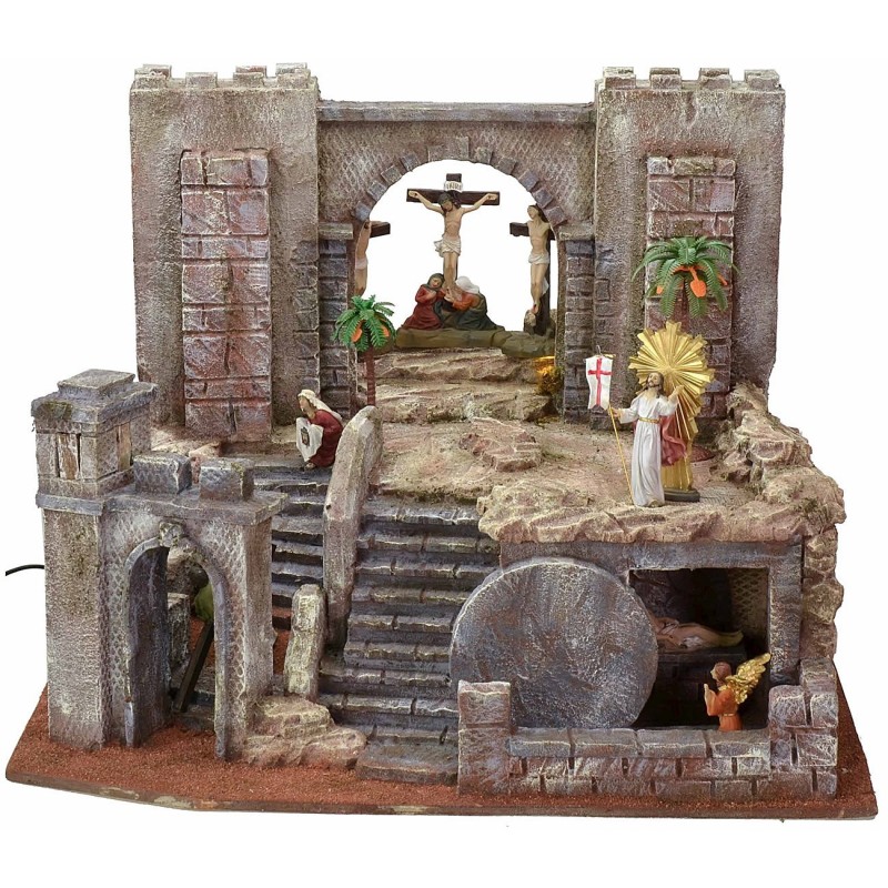 Pesebre Pascual iluminado de 54X50X41,5 cm de altura completo con estatuas.