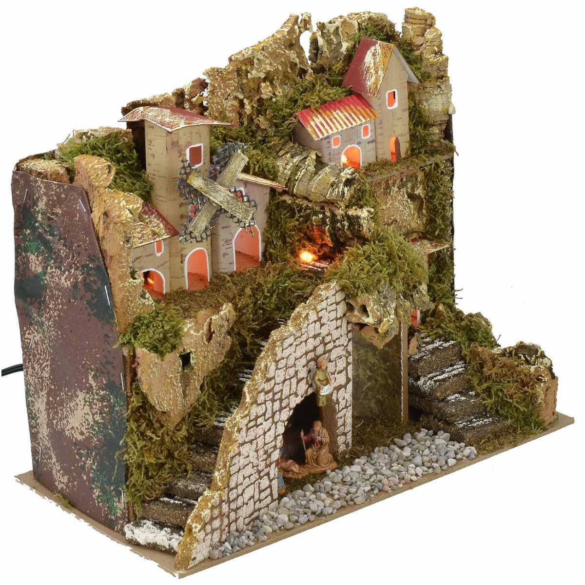 Presepe illuminato con borgo e paesaggio cm 28x15x23 h completo natività  Landi