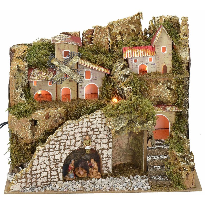 Presepe illuminato con borgo e paesaggio cm 28x15x23 h completo natività Landi