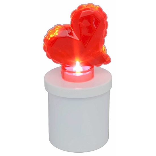 White battery-operated tea light with illuminated red heart, h 13 cm