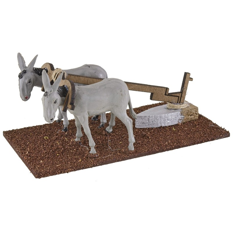 Arado con dos burros para belén de 16x8x7 cm de altura, belén.