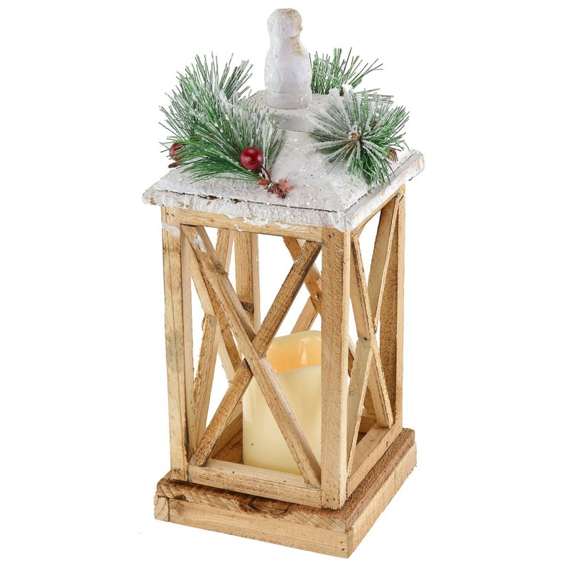 Snow-covered wooden lantern with battery-powered candle 15x15x37.5 cm