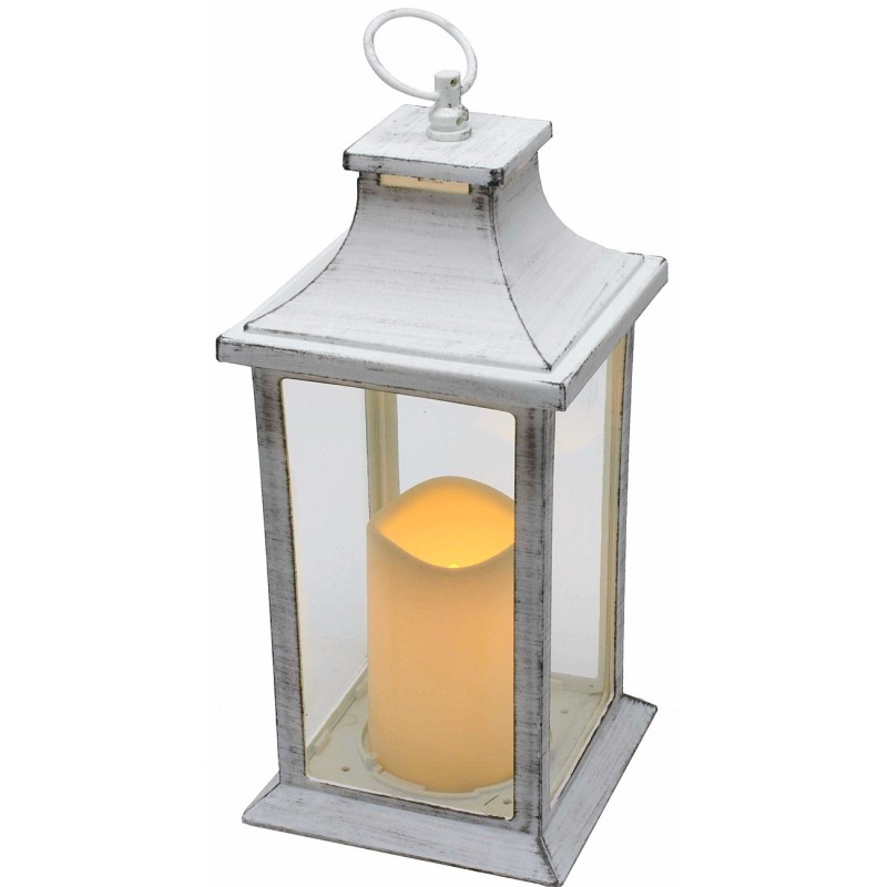 White aged effect lantern with battery operated candle cm