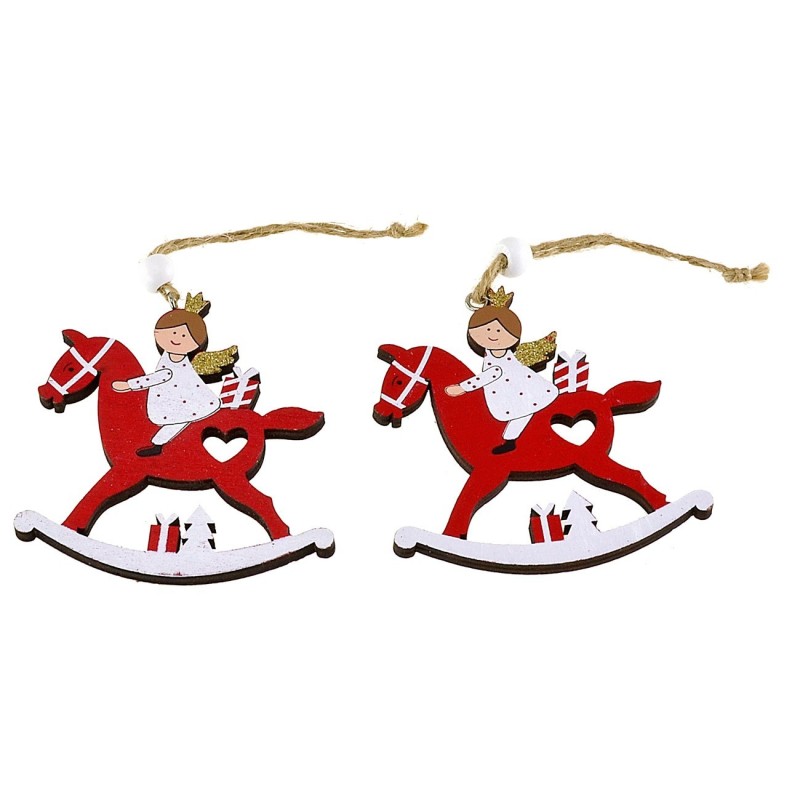 Set of 2 wooden angels on red horses 8x9 h cm for Christmas