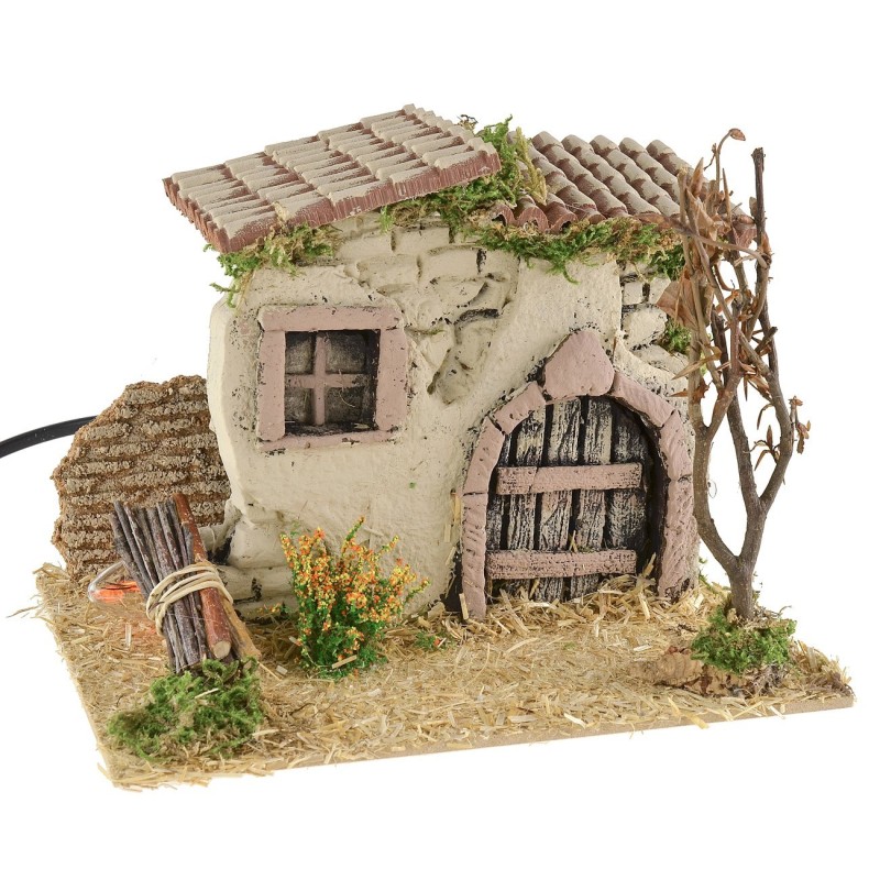 Casita rústica con fuego funcional de 19x15x14,5 cm de altura.